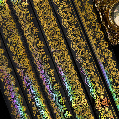 Shimmering Lace Series Gold Stamping PET Tape featuring old, lace, and gold designs for journaling, scrapbooking and collage