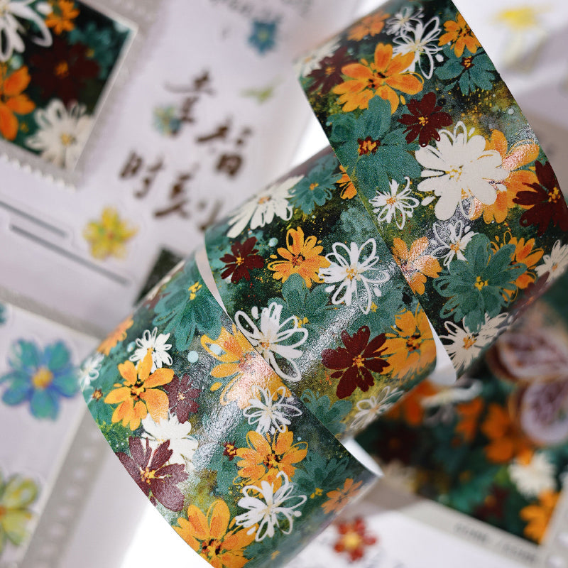 3cm*50cm Green ink flower Washi Tape featuring green, and flower designs for journaling, scrapbooking and collage
