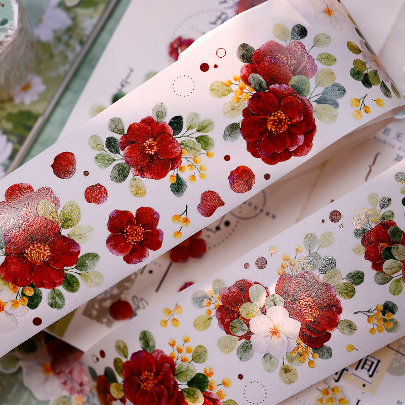 Whole Roll 5.5cm*5m Spring Red Tea Die Cutting Washi/PET/Shell Light PET Tape featuring spring, tea, and red designs for journaling, scrapbooking and collage