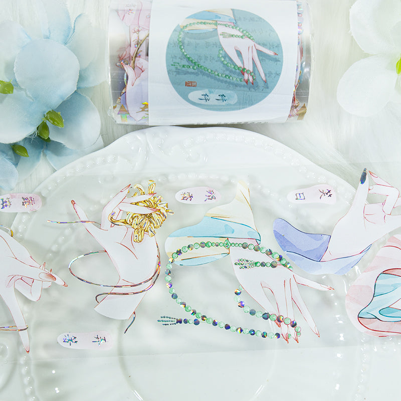 Slender delicate hands Shell Silver PET Tape featuring silver, and cat designs for journaling, scrapbooking and collage