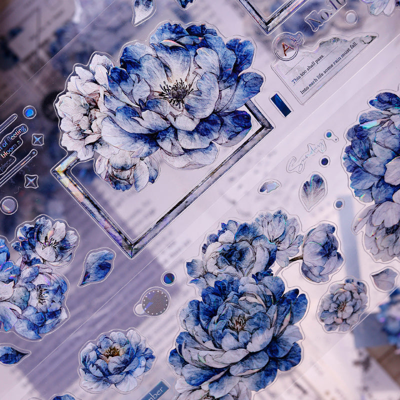 Whole Roll 6cm*6m Dark blue peony flower Die Cutting Washi/PET/Shell Light PET Tape featuring blue, flower, and light designs for journaling, scrapbooking and collage