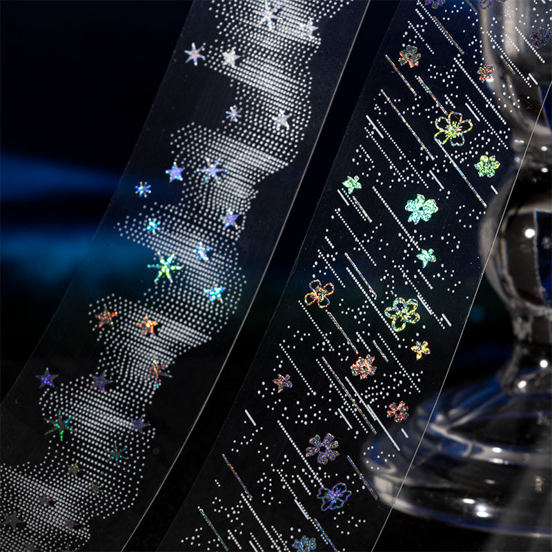 When The Stars Shine series Silver Stamping PET Tape featuring silver, and star designs for journaling, scrapbooking and collage