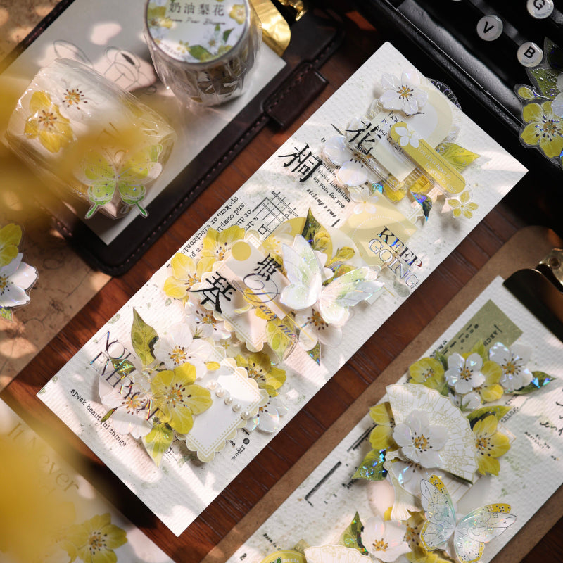 Whole Roll 5.5cm*6m Creamy Peach Blossoms Die Cutting Washi/PET/Shell Light PET Tape featuring cream, peach, and light designs for journaling, scrapbooking and collage