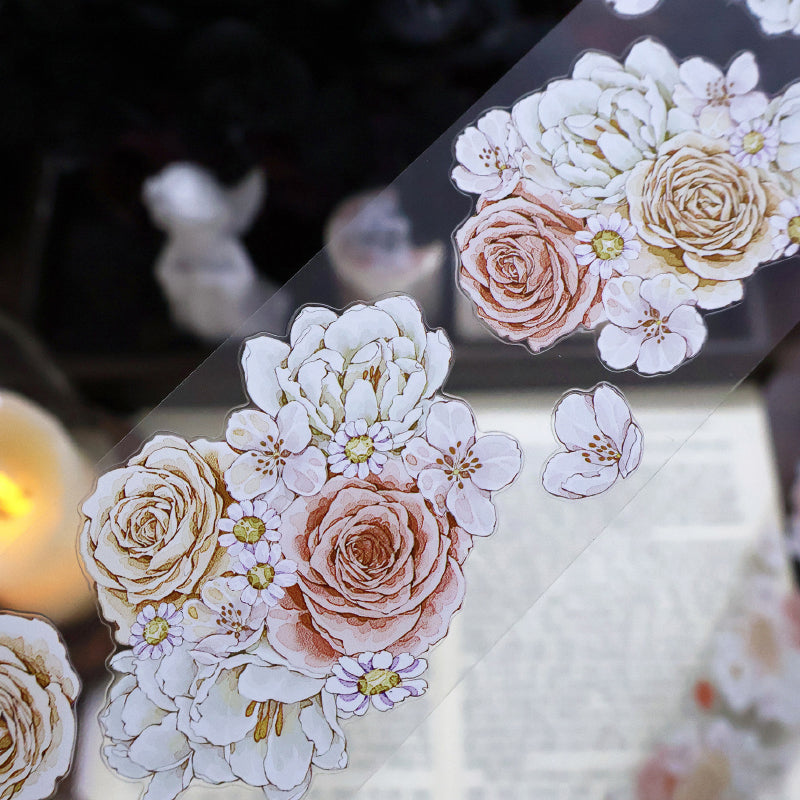 Whole Roll 5.5cm*5m Soft flower court Die Cutting Washi/PET/Shell Silver PET Tape featuring silver, and flower designs for journaling, scrapbooking and collage