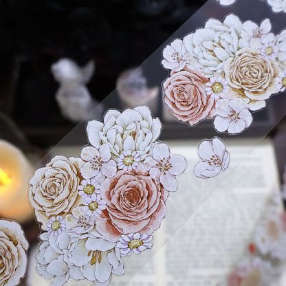 Whole Roll 5.5cm*5m Soft flower court Die Cutting Washi/PET/Shell Silver PET Tape featuring silver, and flower designs for journaling, scrapbooking and collage
