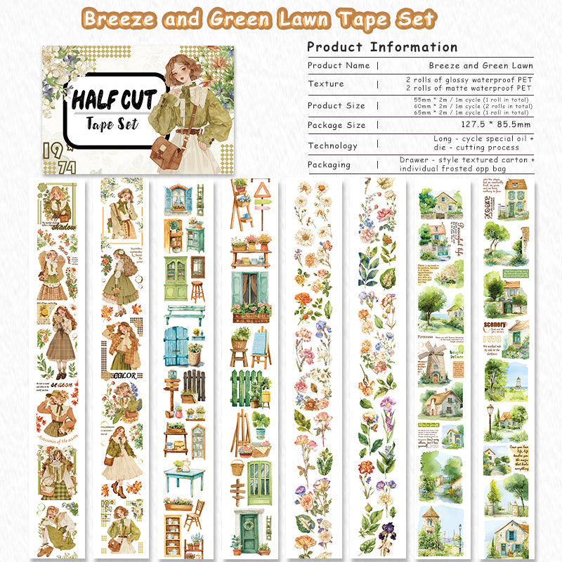 Breeze and green lawn Die Cutting PET/Fog PET Tape featuring green designs for journaling, scrapbooking and collage