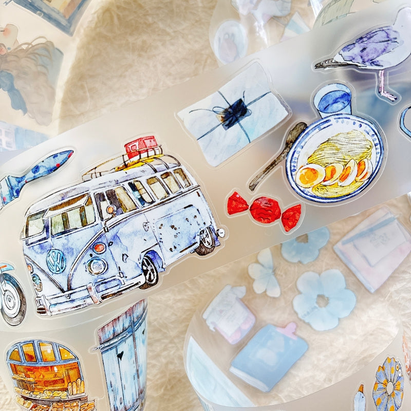 6cm*166cm Blue Atmosphere Die Cutting Washi/PET/Fog PET Tape featuring blue designs for journaling, scrapbooking and collage