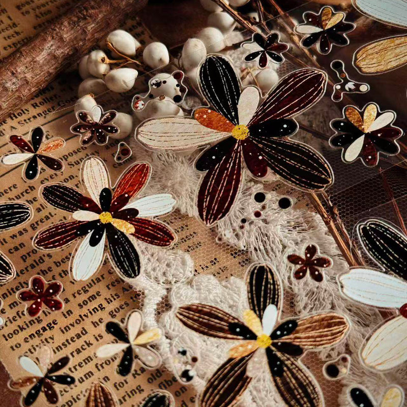 Whole Roll 5cm*5m Gleer Flower Die Cutting PET Tape featuring flower designs for journaling, scrapbooking and collage