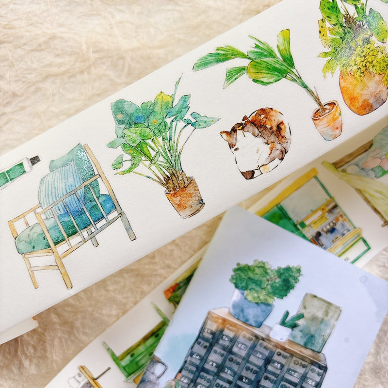 Whole Roll 6cm*5m Greenness Die Cutting Washi/PET/Fog PET Tape featuring green designs for journaling, scrapbooking and collage