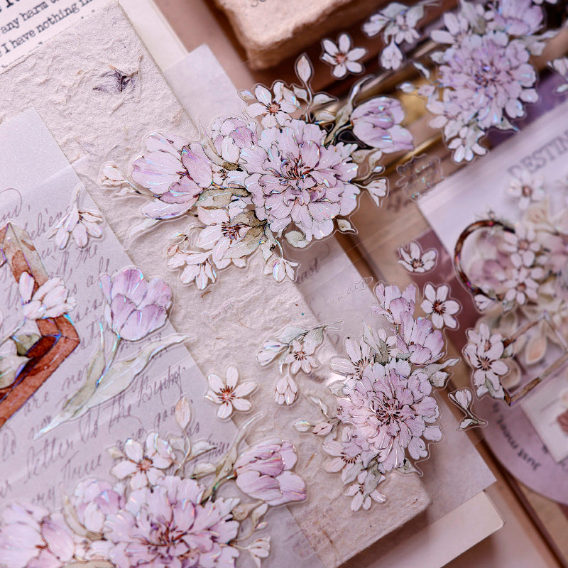 5.5cm*150cm Purple Smoke Flower Die Cutting Washi/PET/Shell Light PET Tape featuring flower, and light designs for journaling, scrapbooking and collage