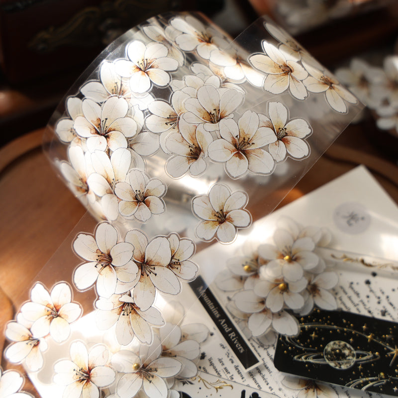 Whole Roll 5cm*5m Little White Flower Die Cutting Washi/PET Tape featuring white, and flower designs for journaling, scrapbooking and collage