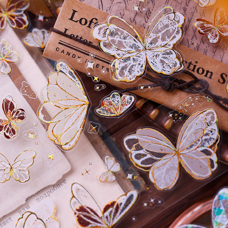 Whole Roll 4.5cm*6m Butterfly wings Die Cutting Flash PET/Shell Light/Gold/Silver Tape featuring butterfly, old, and gold designs for journaling, scrapbooking and collage