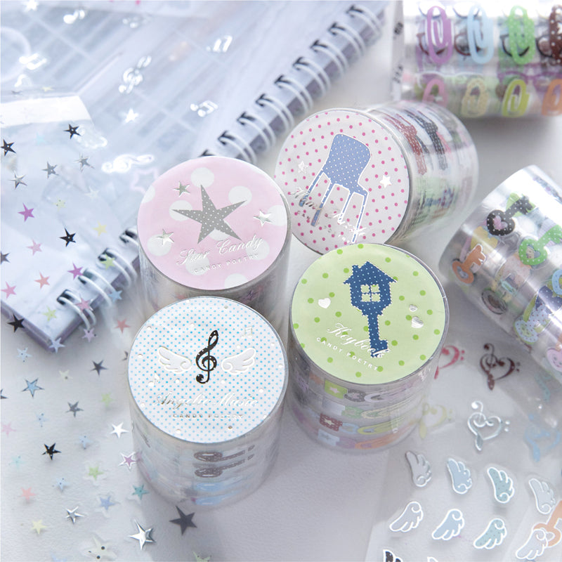 Muanuan Diary Series Die Cutting Silver Stamping PET Tape featuring silver designs for journaling, scrapbooking and collage