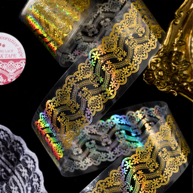 Shimmering Lace Series Gold Stamping PET Tape featuring old, lace, and gold designs for journaling, scrapbooking and collage