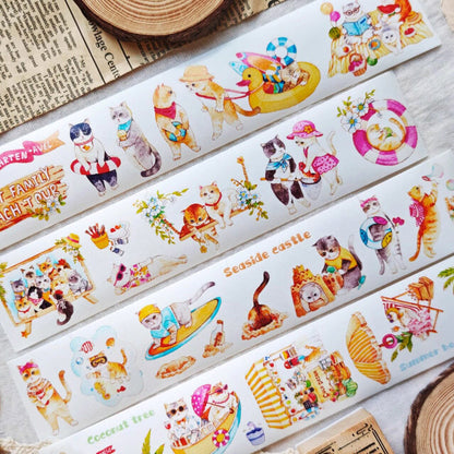 Whole Roll 4.5cm*5m Lazy Cat on Vacation Die Cutting Washi/PET Tape featuring cat designs for journaling, scrapbooking and collage