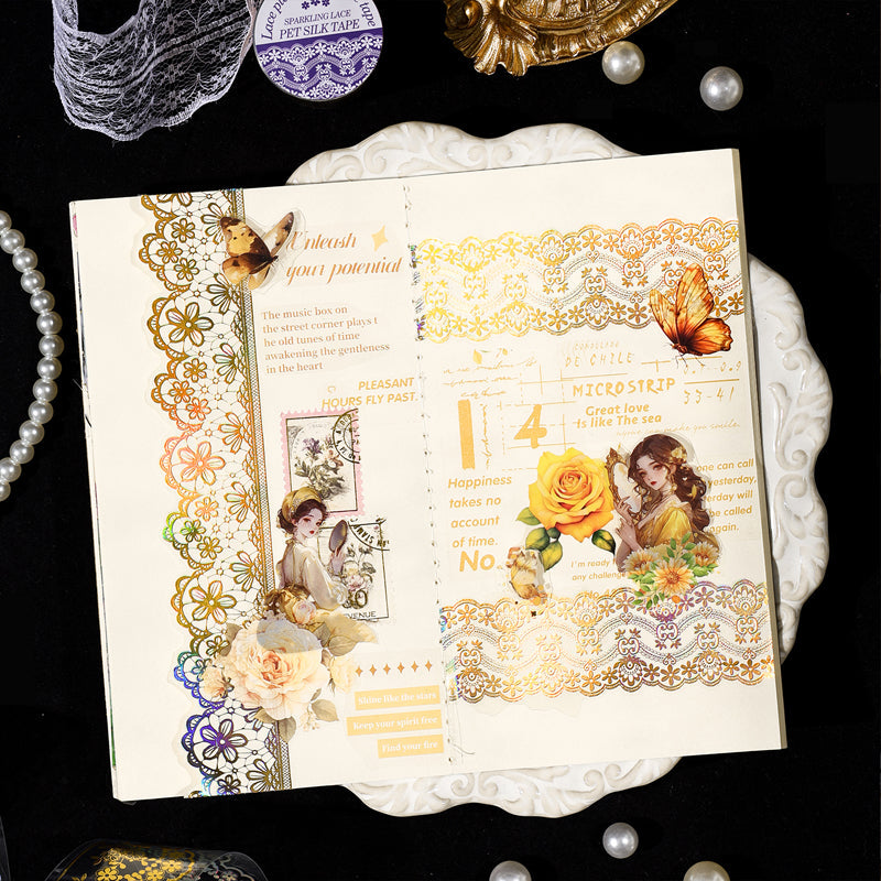 Shimmering Lace Series Gold Stamping PET Tape featuring old, lace, and gold designs for journaling, scrapbooking and collage
