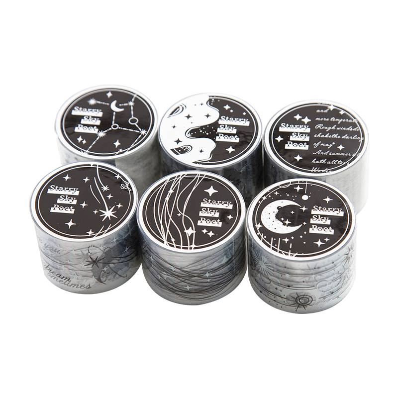 Starlit Poet Series Laser Silver PET Tape featuring silver, and star designs for journaling, scrapbooking and collage