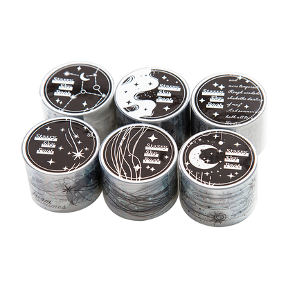 Starlit Poet Series Laser Silver PET Tape featuring silver, and star designs for journaling, scrapbooking and collage