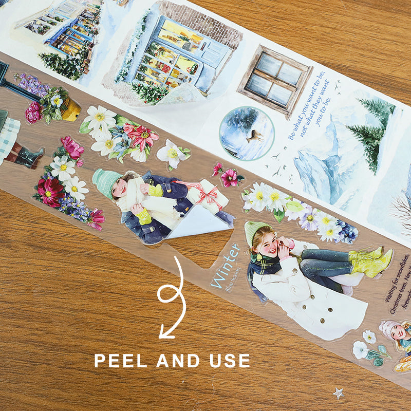 Under the wind and snow Die Cutting Washi/Fog PET Tape featuring snow, and wind designs for journaling, scrapbooking and collage