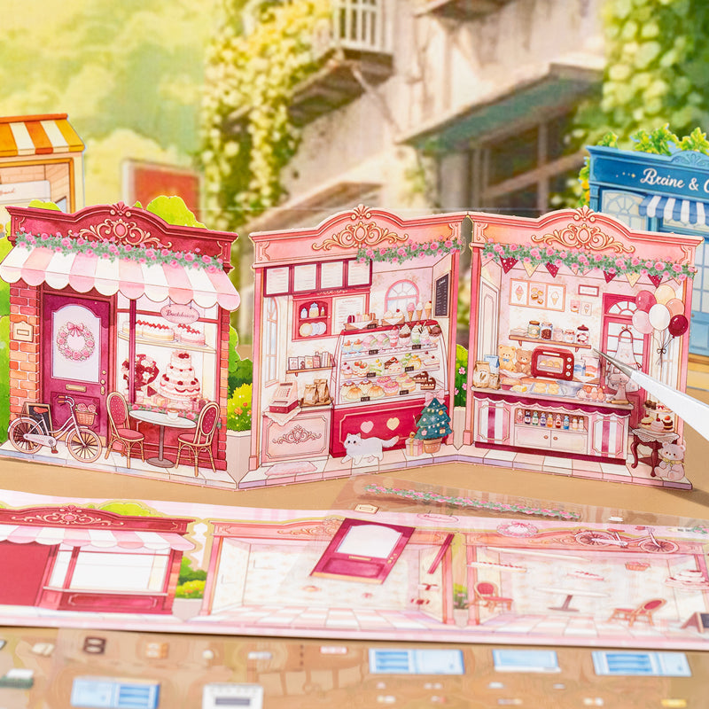 Miniature Street Scene Series 3D Sticker Book featuring book, street, and tree designs for journaling, scrapbooking and collage