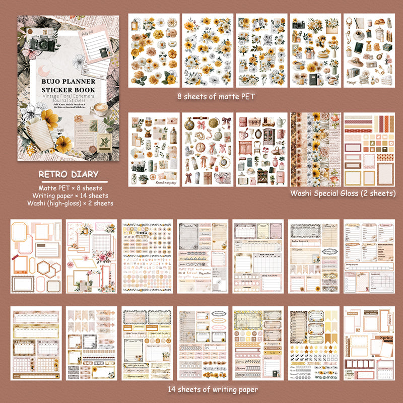 Retro Diary Sticker Book featuring retro, and book designs for journaling, scrapbooking and collage