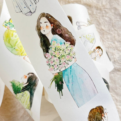 Whole Roll 5cm*10m Holding Flower Die Cutting Washi/PET/Fog PET Tape featuring old, and flower designs for journaling, scrapbooking and collage