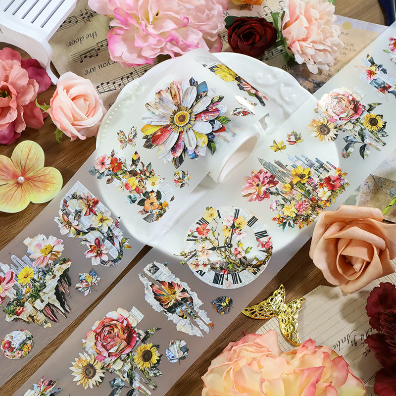 Newspaper flowers Fog PET Tape featuring flower designs for journaling, scrapbooking and collage