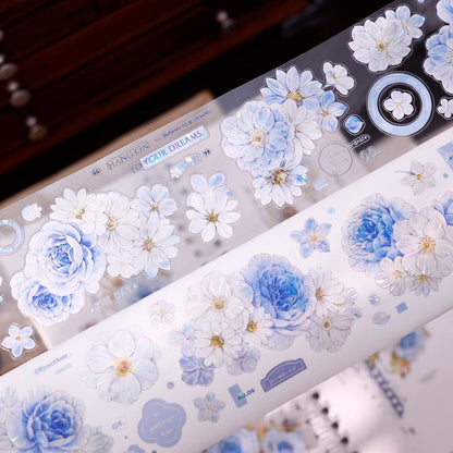 Whole Roll 5.5cm*5m Light Blue Flower Die Cutting Washi/PET/Shell Light Washi/PET Tape