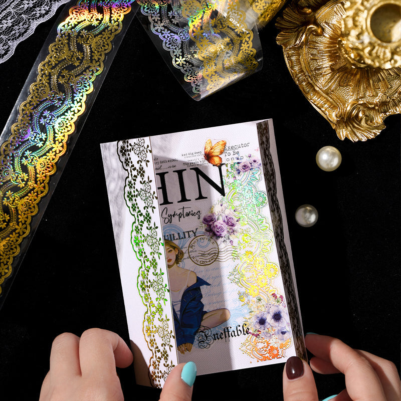 Shimmering Lace Series Gold Stamping PET Tape featuring old, lace, and gold designs for journaling, scrapbooking and collage