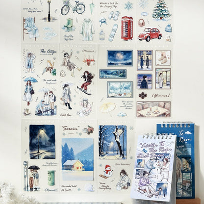 Listen To The Rain And Snow Series Sticker Book featuring book, rain, and snow designs for journaling, scrapbooking and collage