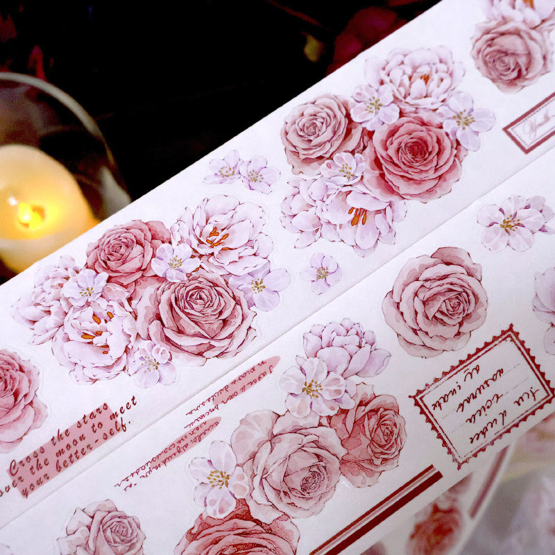 Whole Roll 5.6cm*5m Sweet rose Die Cutting Washi/PET/Shell Silver PET Tape featuring rose, sweet, and silver designs for journaling, scrapbooking and collage