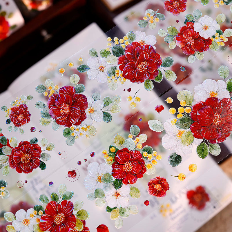 5.5cm*100cm Spring Red Tea Die Cutting Washi/PET/Shell Light PET Tape featuring spring, tea, and red designs for journaling, scrapbooking and collage