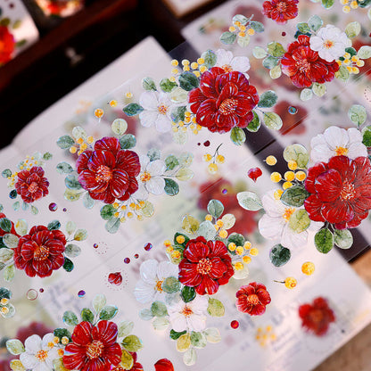 5.5cm*100cm Spring Red Tea Die Cutting Washi/PET/Shell Light PET Tape featuring spring, tea, and red designs for journaling, scrapbooking and collage