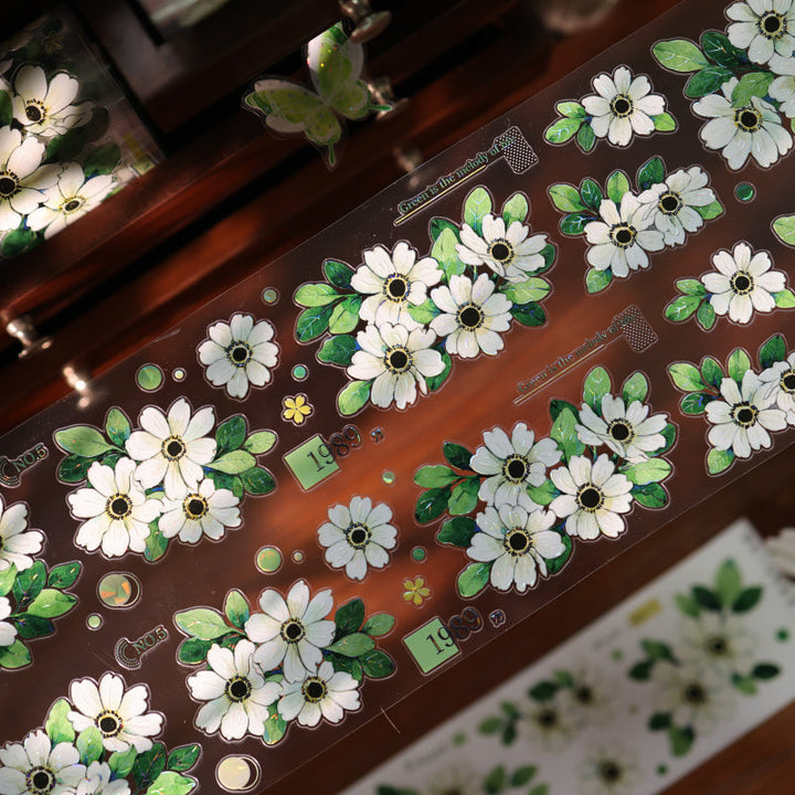 5.5cm*100cm Green Field Of Spring Leaves Die Cutting Washi/PET/Shell Light PET Tape featuring spring, green, and light designs for journaling, scrapbooking and collage