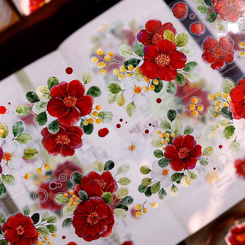 Whole Roll 5.5cm*5m Spring Red Tea Die Cutting Washi/PET/Shell Light PET Tape featuring spring, tea, and red designs for journaling, scrapbooking and collage