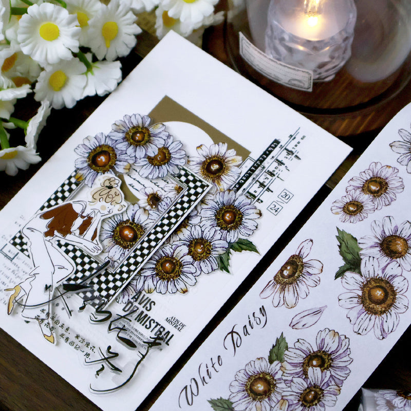 Whole Roll 5.5cm*5m Simple daisy Die Cutting Washi/PET/Shell Silver PET Tape featuring silver designs for journaling, scrapbooking and collage