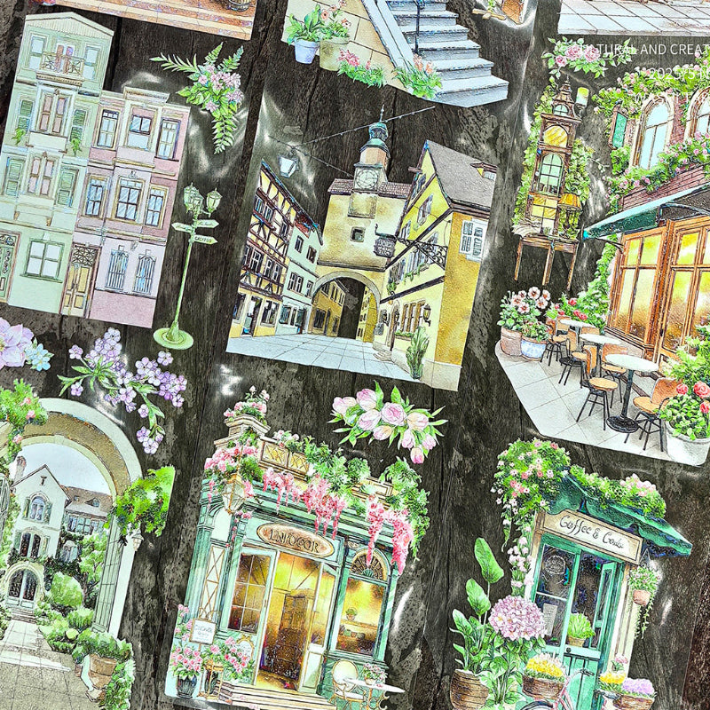 7.5cm*125cm Leisure Street Corner Crystal PET Tape featuring leisure, street, and tree designs for journaling, scrapbooking and collage