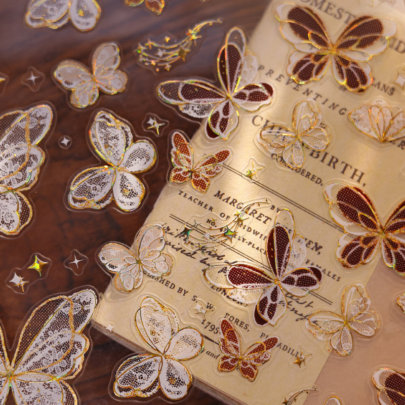 Whole Roll 4.5cm*6m Butterfly wings Die Cutting Flash PET/Shell Light/Gold/Silver Tape featuring butterfly, old, and gold designs for journaling, scrapbooking and collage
