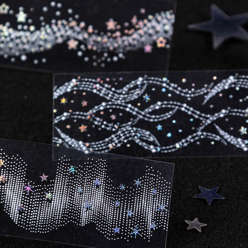 When The Stars Shine series Silver Stamping PET Tape featuring silver, and star designs for journaling, scrapbooking and collage