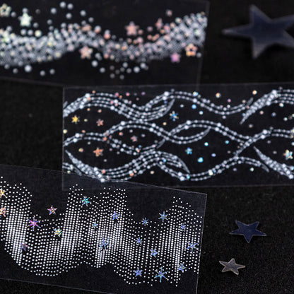 When The Stars Shine series Silver Stamping PET Tape featuring silver, and star designs for journaling, scrapbooking and collage