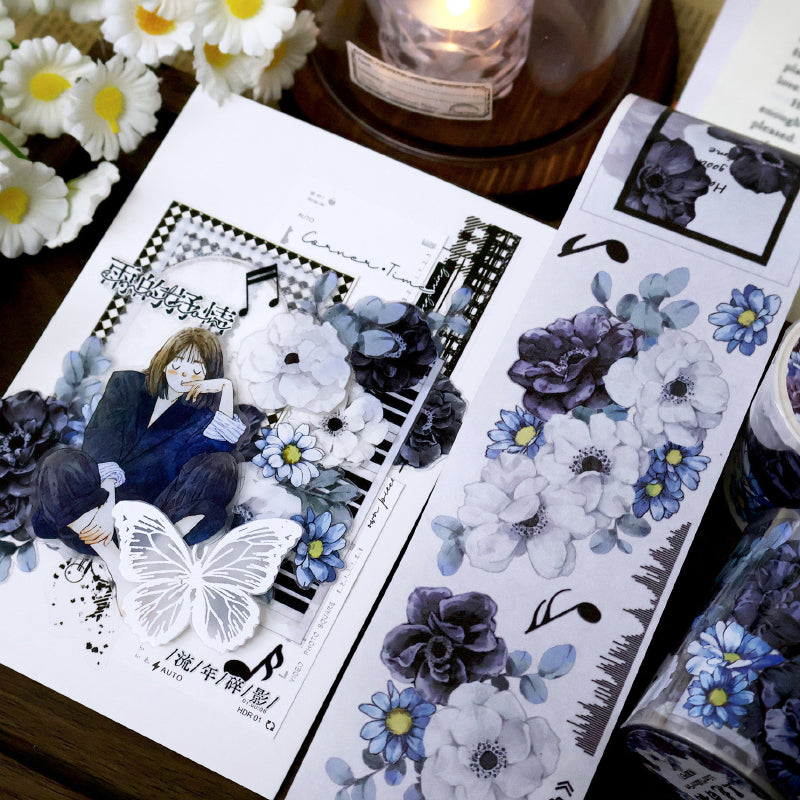 Whole Roll 5.5cm*5m White charm Black flowers Die Cutting Washi/PET/Shell Silver PET Tape featuring white, black, and silver designs for journaling, scrapbooking and collage