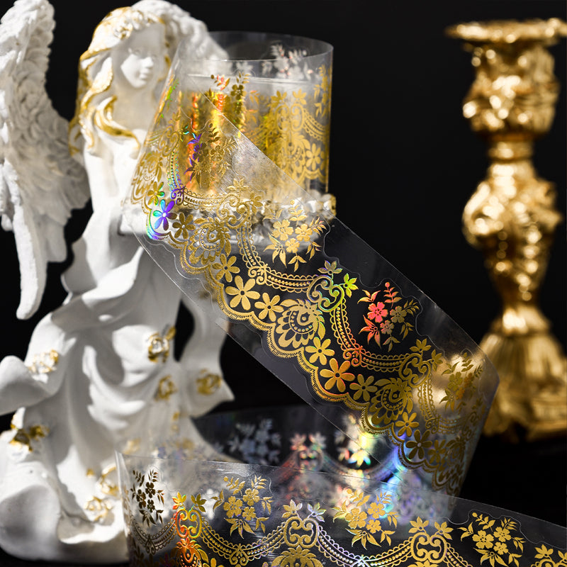 Shimmering Lace Series Gold Stamping PET Tape featuring old, lace, and gold designs for journaling, scrapbooking and collage
