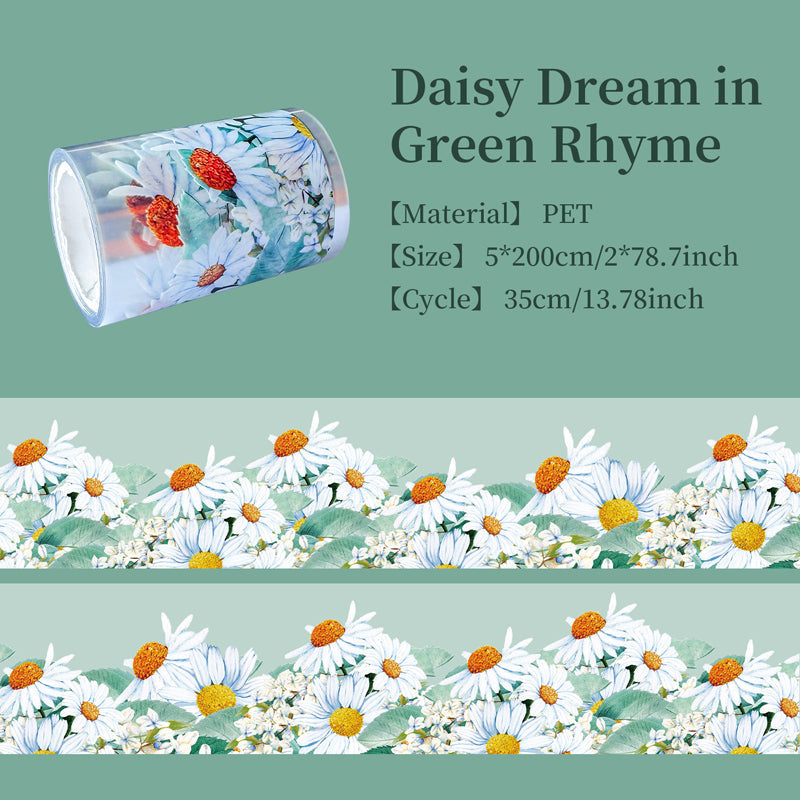 Daisy Dream in Green Rhyme PET Tape featuring dream, and green designs for journaling, scrapbooking and collage