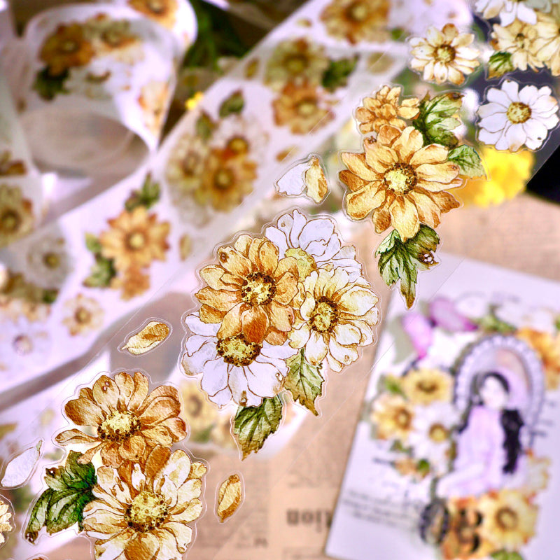Whole Roll 5cm*5m Golden daisy Die Cutting Washi/PET/Shell Silver PET Tape featuring old, gold, and silver designs for journaling, scrapbooking and collage