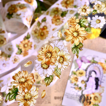 Whole Roll 5cm*5m Golden daisy Die Cutting Washi/PET/Shell Silver PET Tape featuring old, gold, and silver designs for journaling, scrapbooking and collage