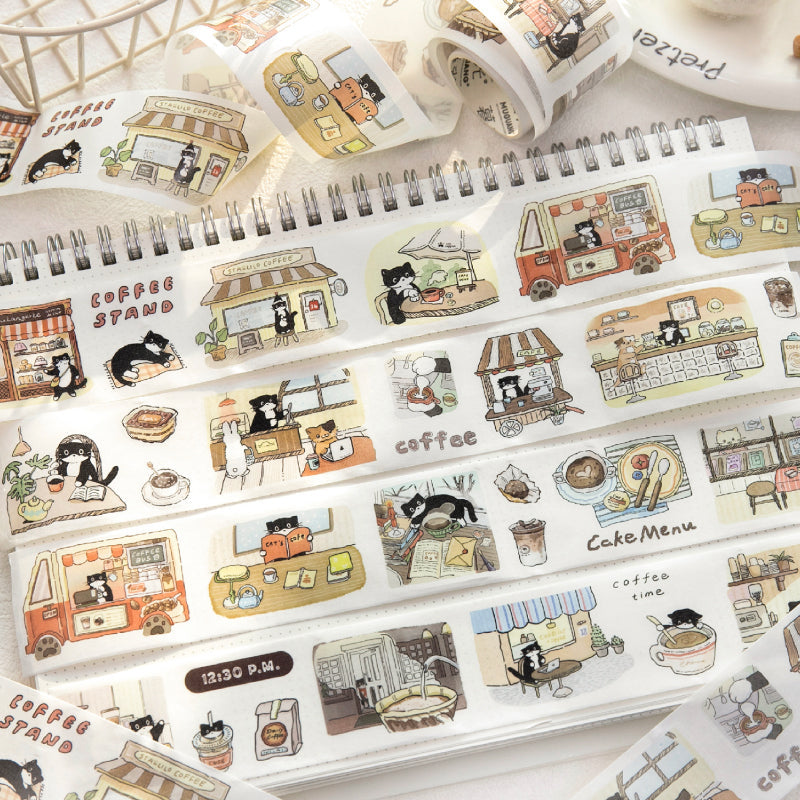 Cat Coffee Shop Series Die Cutting Washi Tape featuring cat, and shop designs for journaling, scrapbooking and collage