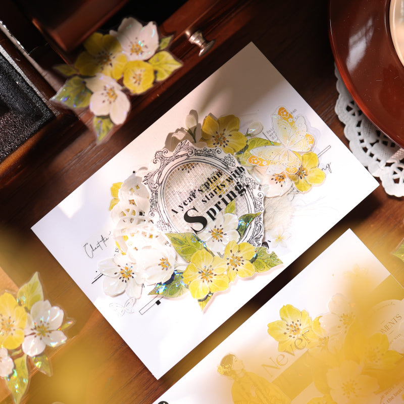 5.5cm*150cm Creamy Peach Blossoms Die Cutting Washi/PET/Shell Light PET Tape featuring cream, peach, and light designs for journaling, scrapbooking and collage