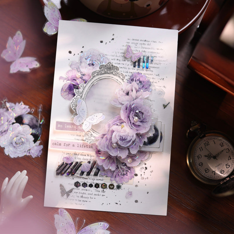 Whole Roll 6cm*5m Purple Melody Echoes Die Cutting Washi/PET/Shell Light PET Tape featuring light designs for journaling, scrapbooking and collage