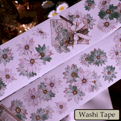 Rouleau entier 5,5 cm × 5 m, chrysanthèmes sauvages, découpe à la forme, washi/PET/coquille, ruban adhésif PET argenté