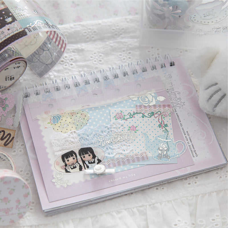 Cocoa Rose House Series Die Cutting Silver Stamping PET Tape featuring rose, silver, and house designs for journaling, scrapbooking and collage